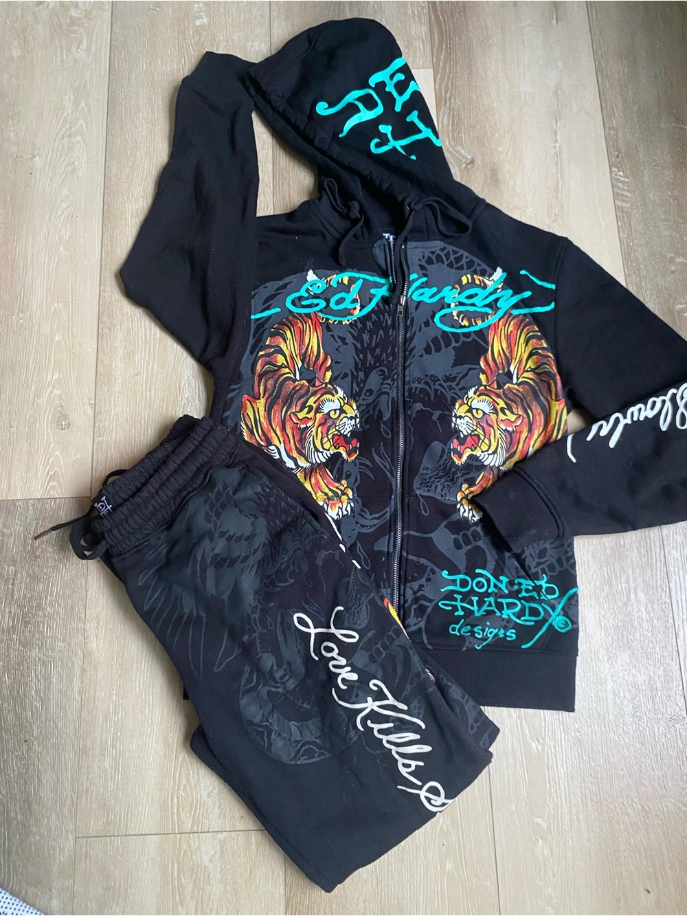 Ed Hardy Black Track Pants with Turquoise & Multi-Color Tiger Graphics